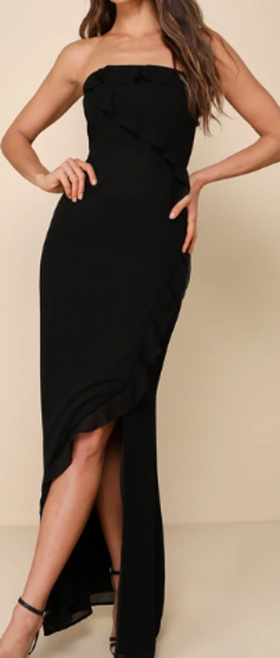 LULU'S M Excellent Sensation Black Strapless Ruffled Formal Maxi Dress NEW B24
